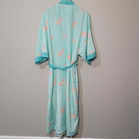 Contessa Di Roma Vintage Tiffany Blue w Pink Roses Tie Front House Robe Size XL - Picture 7 of 10